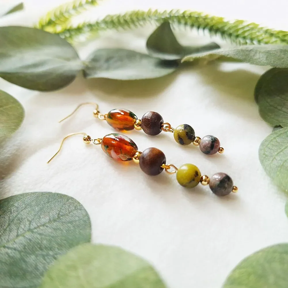 Green Serpentine, Lampwork Glass, & Wood Beaded Dangle Earrings